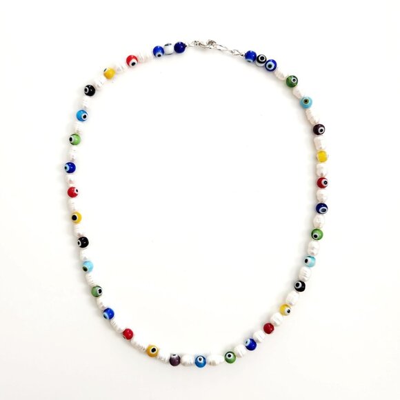 MULTI COLOR EYE BEADS WITH PEARLS NECKLACE--19" - Picture 2 of 2